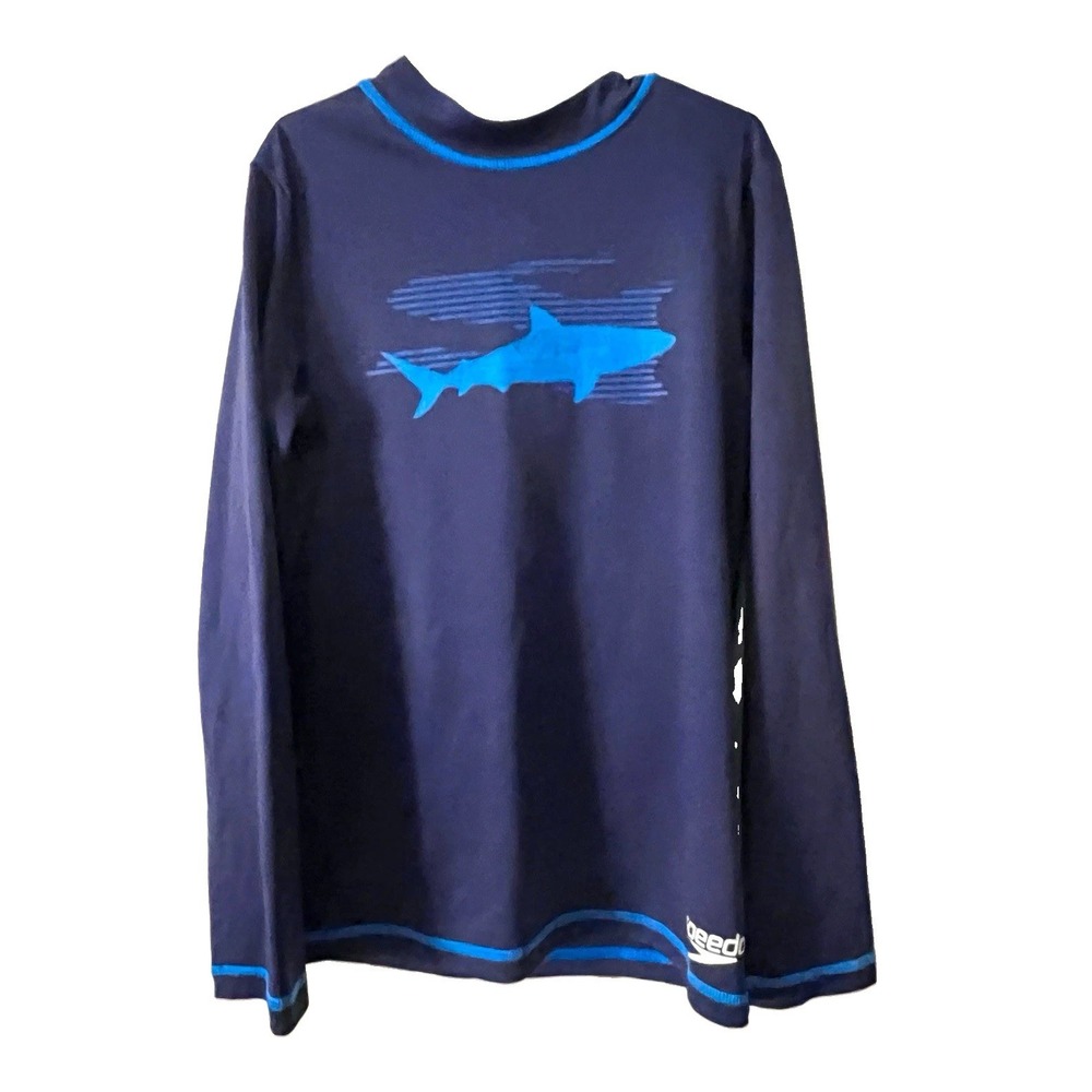 Speedo UPF 50+ Kids S Long Sleeve Rash Guard Swim Shirt Blue Shark Graphic